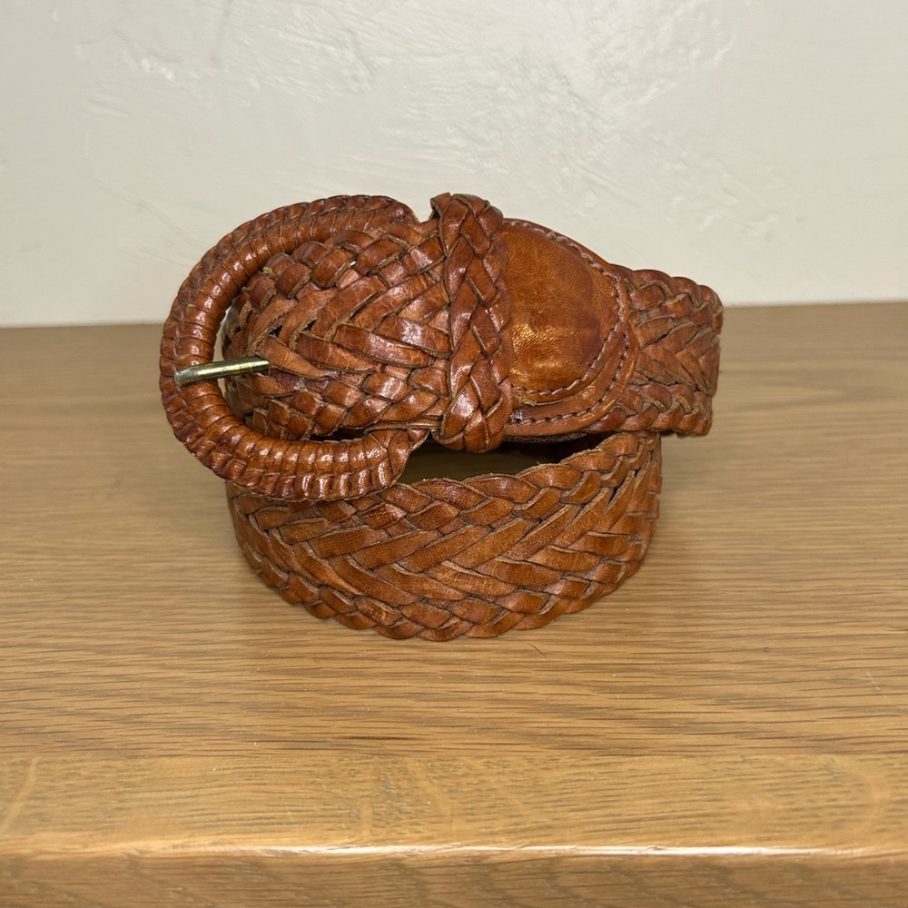 Vintage Brown Leather Woven Belt with Chunky Buckle in Women’s Size S/M